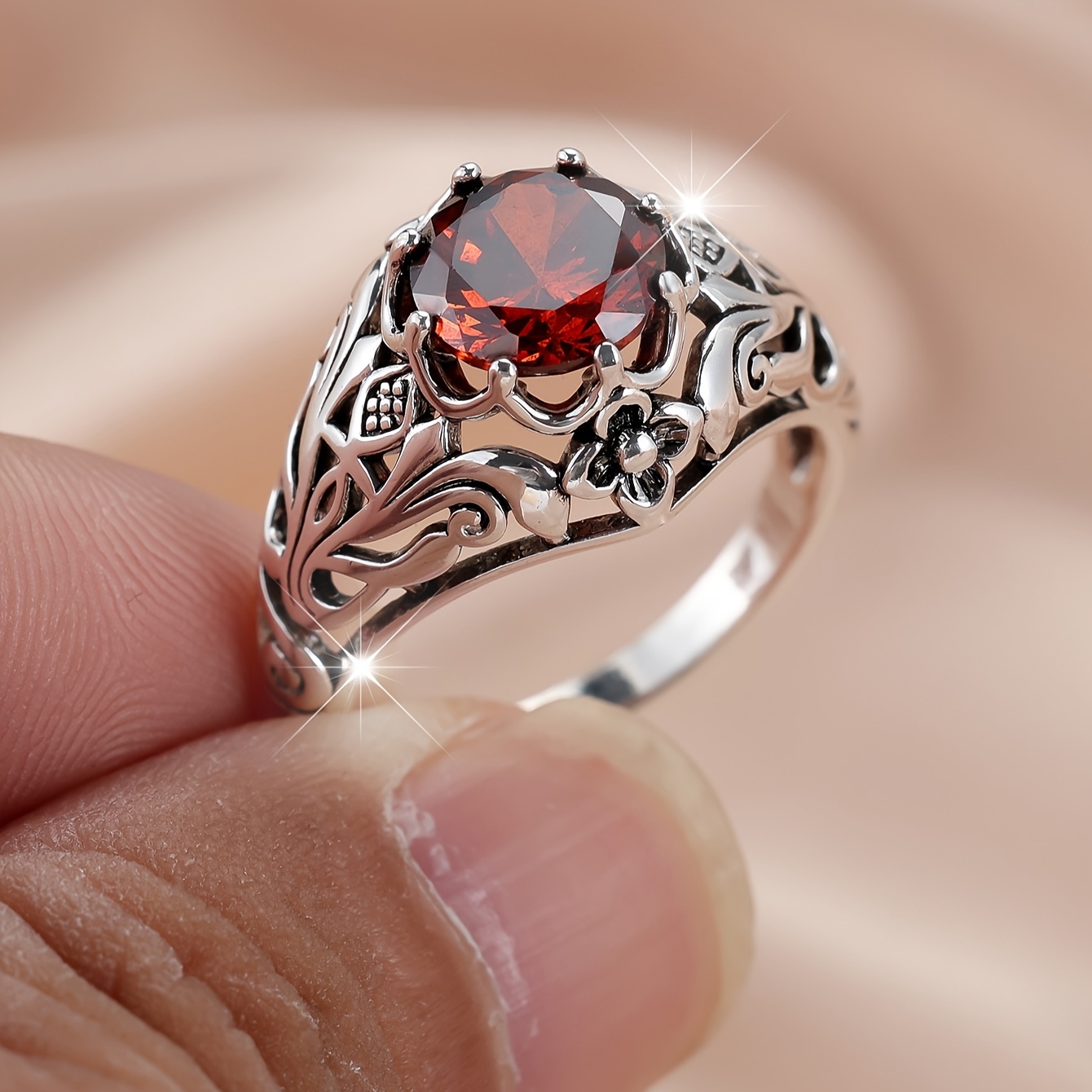 Vintage Red CZ Ring for Women Floral Pattern Jewelry